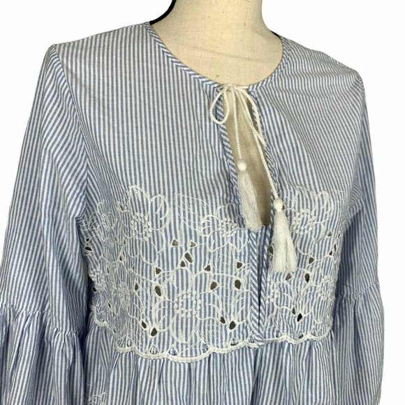 CeCe Cottage Core Crop Top Womens M Boho Puff Sleeve Striped Embroidery - Picture 3 of 10